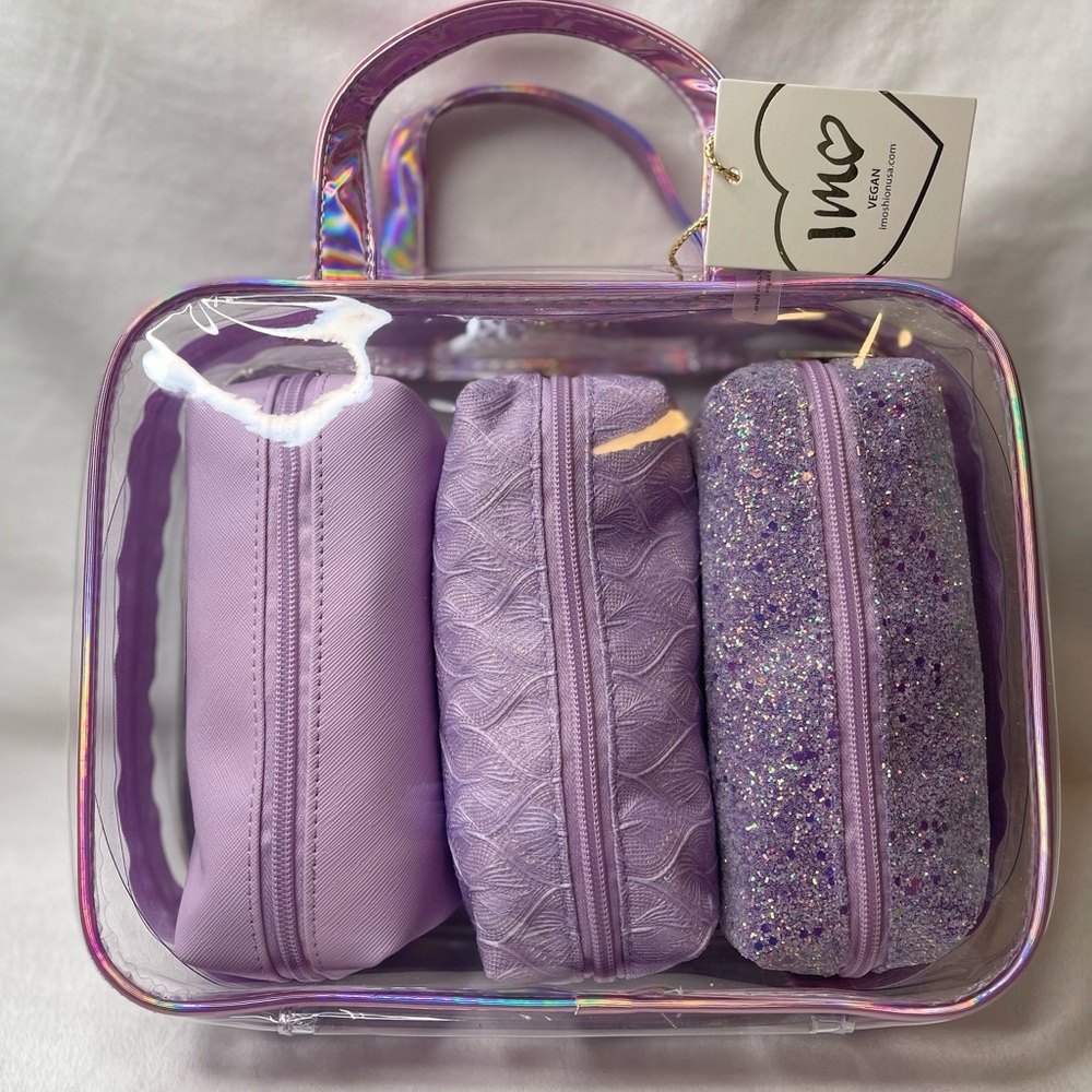 Imoshionusa iridescent purple clear travel case with 3 separate make up bags